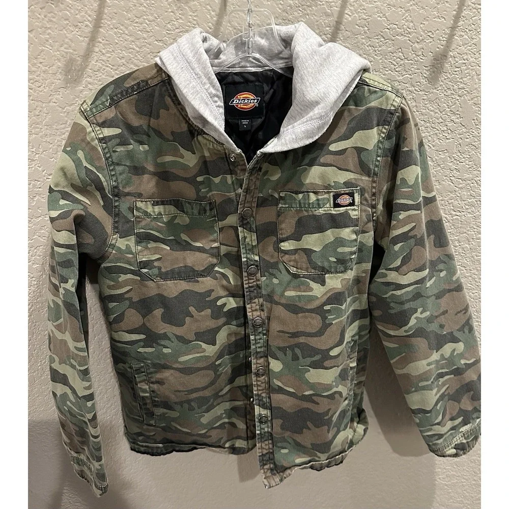 Dickies Girl Quilted Lined Canvas Jacket Youth Large Camo Full Buttoned - Hooded